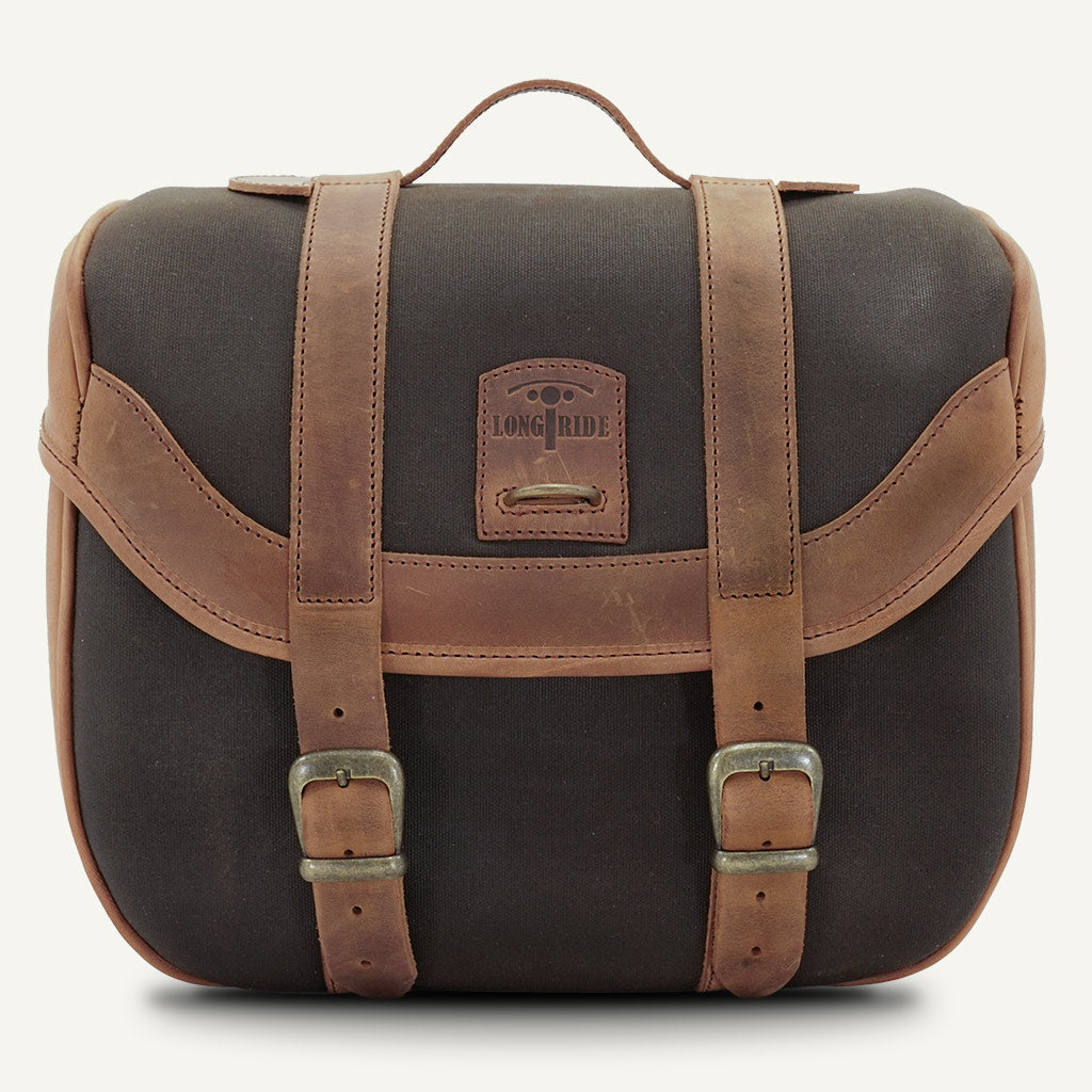 Valise moto rigide style retro kaki.