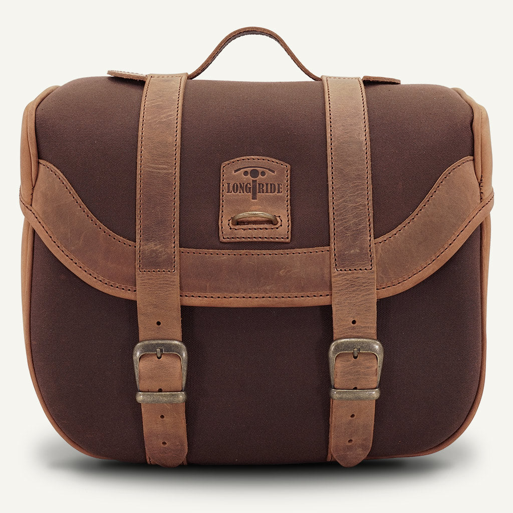 Valise moto rigide style retro marron.